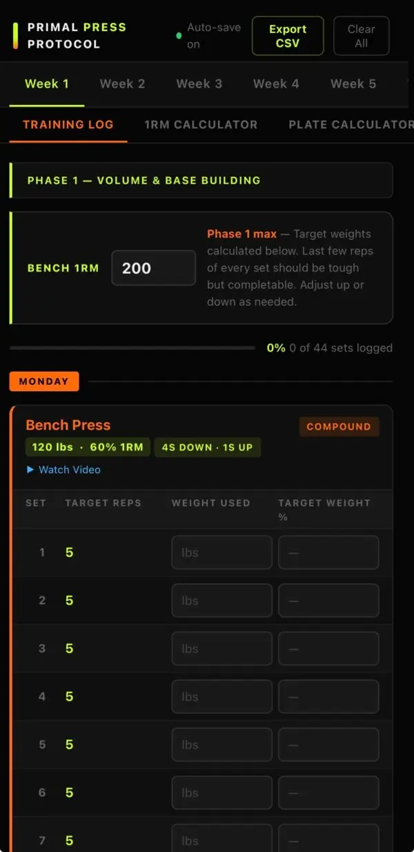 Training log tracking weekly progress and PRs