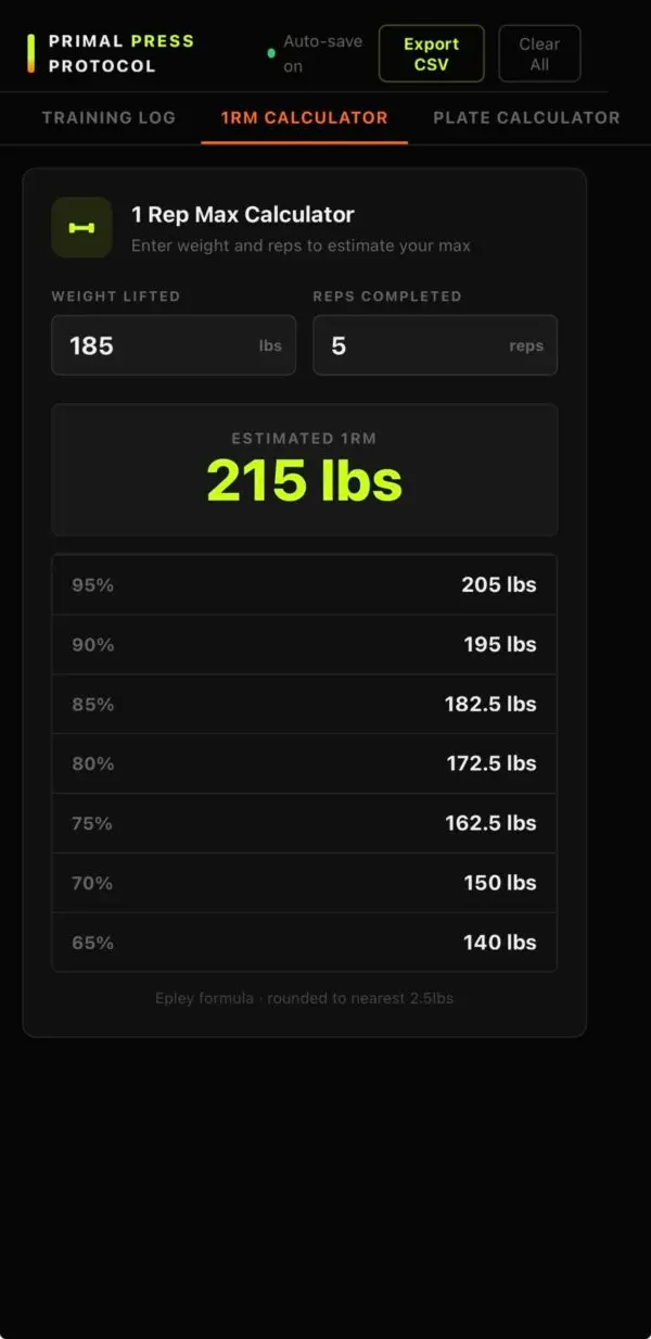 1RM Calculator showing auto-calculated training weights