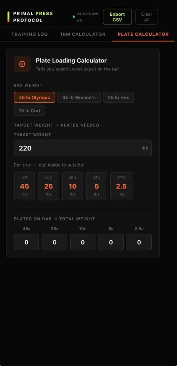 Plate loading calculator showing exact plate configuration